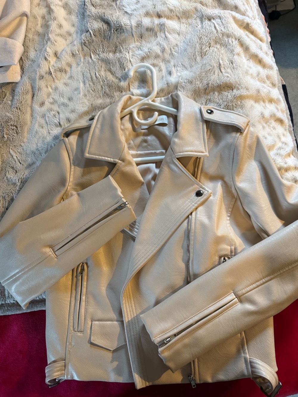 Kittenish Cream Faux Leather Moto Jacket